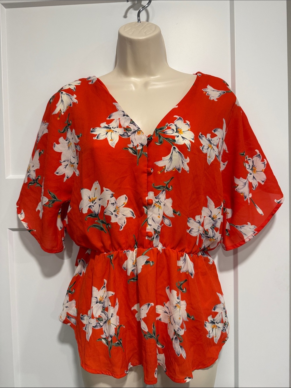 Sienna Sky Red Floral Button-Front Peplum Top